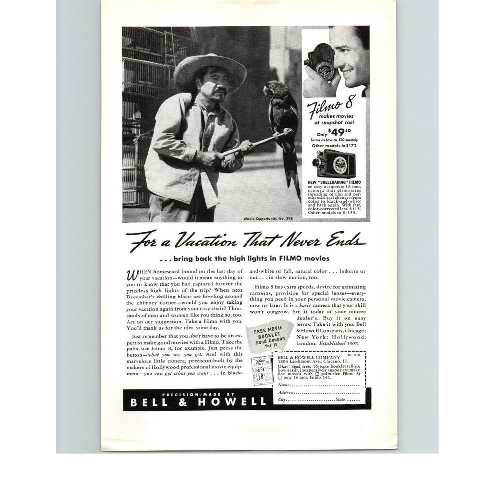 1940 Bell & Howell Filmo 8mm Color Movie Camera Vintage Print Ad Parrot #398